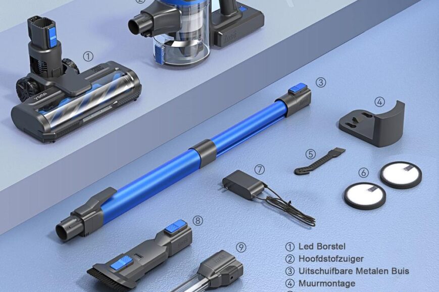 Een overzicht van een Yoma stofzuiger met accessoires, waaronder een hoofdzuiger, metalen buis en verschillende schoonmaakgereedschappen. De afbeelding toont de onderdelen op een tafel, met duidelijke labels voor elke component, waardoor gebruikers een goed beeld krijgen van het product en zijn functies.