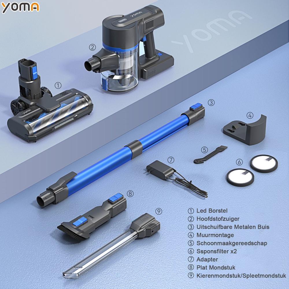 Een overzicht van een Yoma stofzuiger met accessoires, waaronder een hoofdzuiger, metalen buis en verschillende schoonmaakgereedschappen. De afbeelding toont de onderdelen op een tafel, met duidelijke labels voor elke component, waardoor gebruikers een goed beeld krijgen van het product en zijn functies.