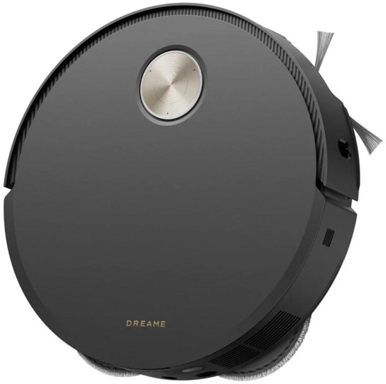 Zwarte robotstofzuiger met een glanzend oppervlak en een centraal bedieningspaneel, ontworpen voor efficiënte stofverwijdering. De stofzuiger heeft zijborstels voor het reinigen van hoeken en randen in huis.