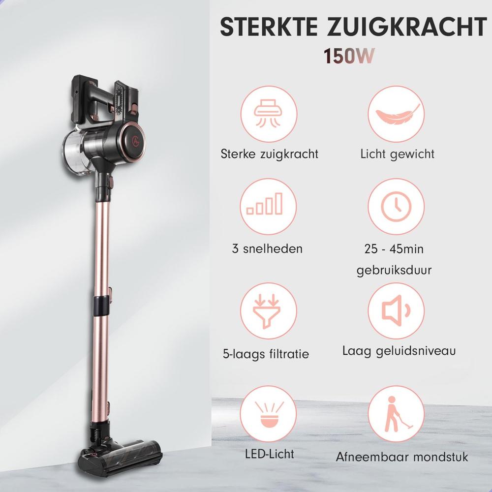 Afbeelding van een draadloze stofzuiger met een sleek ontwerp, geplaatst tegen een muur. De afbeelding toont kenmerken zoals sterke zuigkracht, verschillende snelheden, en extra functies zoals LED-licht en een afneembaar mondstuk.