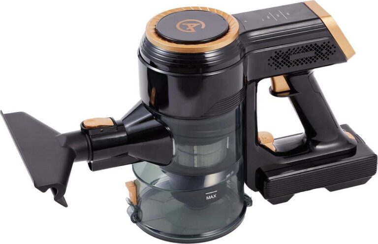 Draagbare zwarte stofzuiger met gouden accenten en transparante stofcontainer. De stofzuiger heeft een ergonomisch ontwerp en een krachtige zuigfunctie, ideaal voor het snel opruimen van kleine rommel.