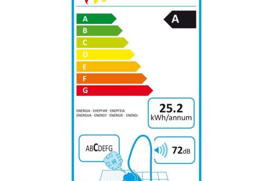 Energie-efficiëntielabel van een apparaat met een classificatie A, dat 25,2 kWh per jaar verbruikt en een geluidsniveau van 72 dB heeft. Het label toont een kleurenwijzer van energieniveaus van A tot G, waaronder verschillende pictogrammen.