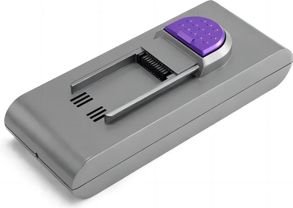 Een grijze acculader met een paarse bovenkant, ontworpen voor het opladen van specifieke batterijtypes. De lader heeft een eenvoudige, gebruiksvriendelijke interface met openingen voor ventilatie en een sleuf voor het plaatsen van de batterij.