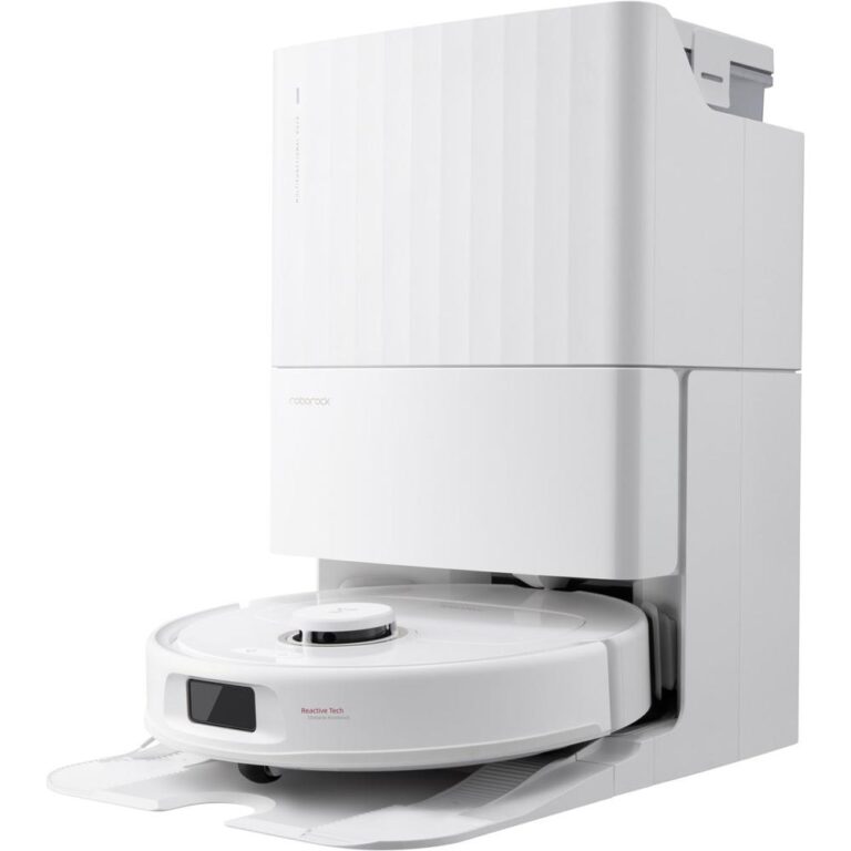 Een moderne robotstofzuiger van het merk Roborock, ontworpen om efficiënt schoon te maken. De stofzuiger is wit en staat in een houder, met een eenvoudige en strakke uitstraling.