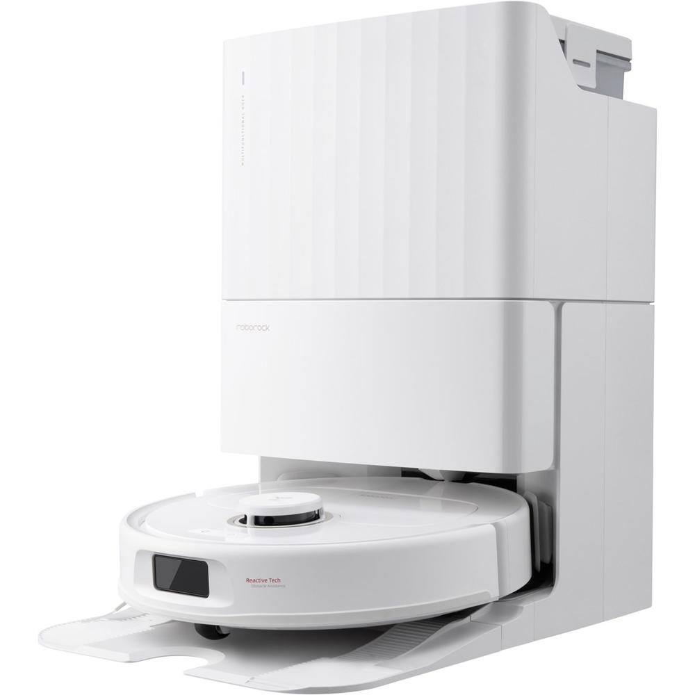 Een moderne robotstofzuiger van het merk Roborock, ontworpen om efficiënt schoon te maken. De stofzuiger is wit en staat in een houder, met een eenvoudige en strakke uitstraling.