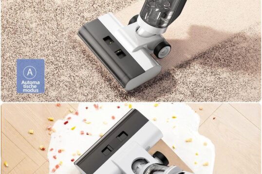 Afbeelding toont een stofzuiger in twee verschillende gebruikssituaties: bovenaan op een tapijt met een 'automatische modus' en onderaan op een harde vloer met een 'zuigmodus' voor het opzuigen van gemorste vloeistof en kruimels. De afbeelding illustreert de veelzijdigheid van de stofzuiger voor verschillende schoonmaaktaken.