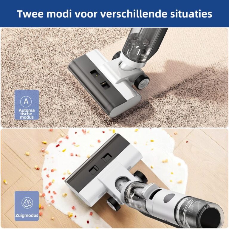 Afbeelding toont een stofzuiger in twee verschillende gebruikssituaties: bovenaan op een tapijt met een 'automatische modus' en onderaan op een harde vloer met een 'zuigmodus' voor het opzuigen van gemorste vloeistof en kruimels. De afbeelding illustreert de veelzijdigheid van de stofzuiger voor verschillende schoonmaaktaken.