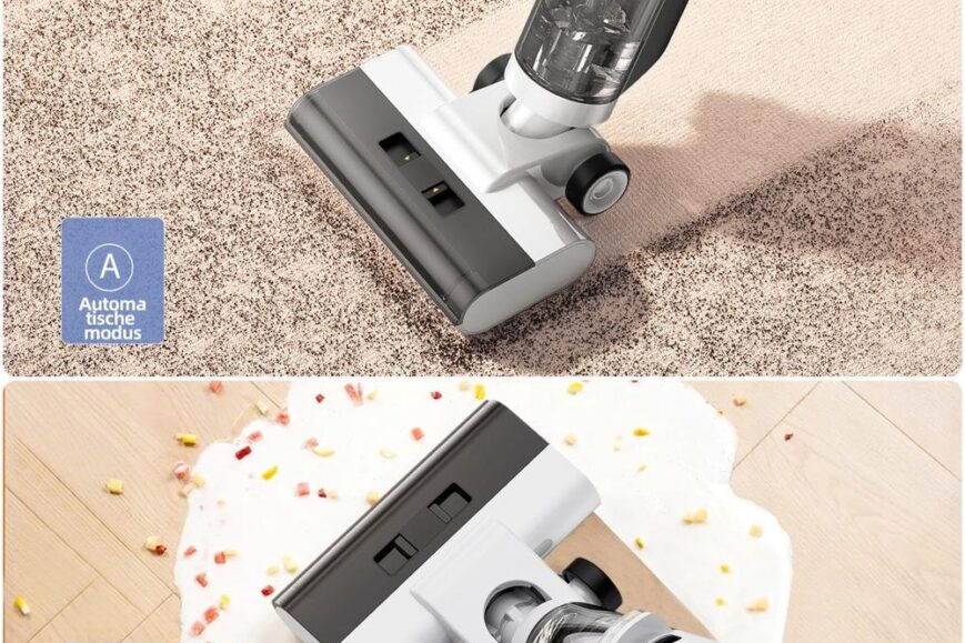 Afbeelding toont een stofzuiger in twee verschillende gebruikssituaties: bovenaan op een tapijt met een 'automatische modus' en onderaan op een harde vloer met een 'zuigmodus' voor het opzuigen van gemorste vloeistof en kruimels. De afbeelding illustreert de veelzijdigheid van de stofzuiger voor verschillende schoonmaaktaken.