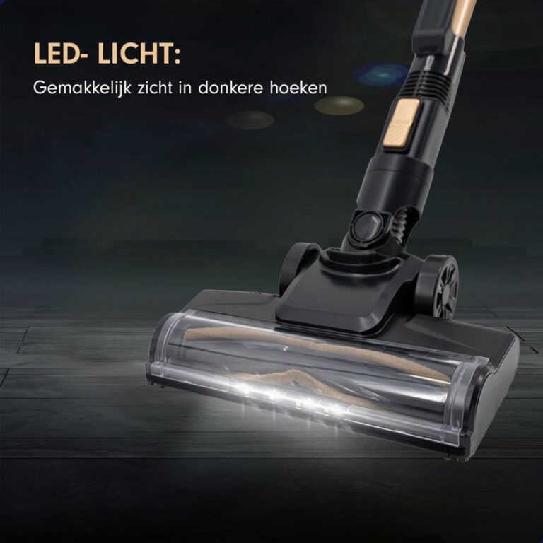 Close-up van een stofzuigerborstel met ingebouwde LED-verlichting, ontworpen voor gebruik in donkere hoeken. De afbeelding toont de borstel met een modern, zwart en goud ontwerp, gericht op efficiëntie en gebruiksgemak.