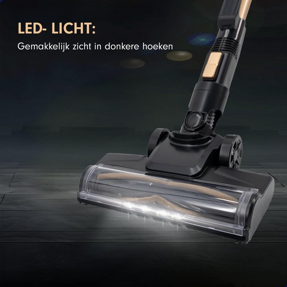 Close-up van een stofzuigerborstel met ingebouwde LED-verlichting, ontworpen voor gebruik in donkere hoeken. De afbeelding toont de borstel met een modern, zwart en goud ontwerp, gericht op efficiëntie en gebruiksgemak.