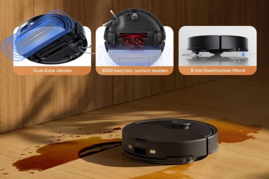 Afbeelding van een VibraRise 2.0 dweilsysteem dat verkeert in actie op een houten vloer met een hardnekkige vlek. De afbeelding toont de functies zoals dual-zone vibratie, en een sonische dweiltechnologie van 3000 toeren per minuut.