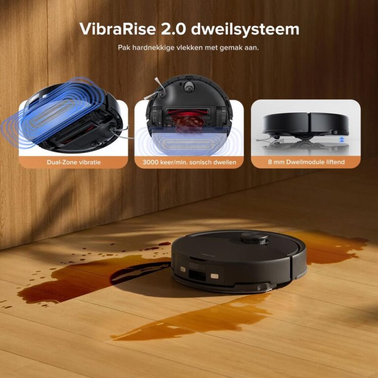Afbeelding van een VibraRise 2.0 dweilsysteem dat verkeert in actie op een houten vloer met een hardnekkige vlek. De afbeelding toont de functies zoals dual-zone vibratie, en een sonische dweiltechnologie van 3000 toeren per minuut.