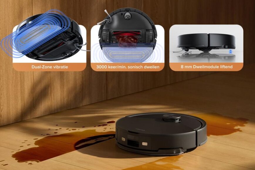 Afbeelding van een VibraRise 2.0 dweilsysteem dat verkeert in actie op een houten vloer met een hardnekkige vlek. De afbeelding toont de functies zoals dual-zone vibratie, en een sonische dweiltechnologie van 3000 toeren per minuut.