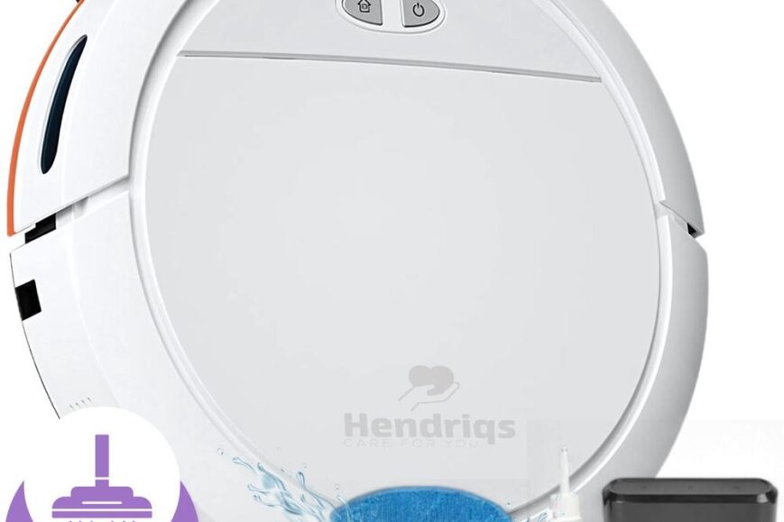 Witte robotstofzuiger van het merk Hendriqs, uitgerust met een krachtige zuigkracht van 2700Pa. In de afbeelding zijn ook een blauwe schoonmaakdoek, een spuitflacon en een accessoireshouder zichtbaar.