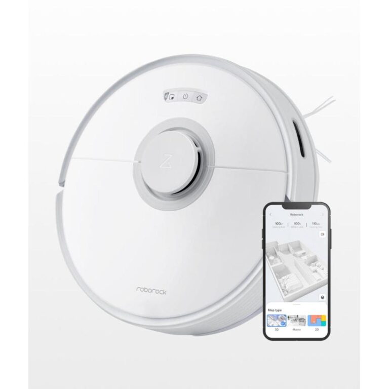 Een witte robotstofzuiger van Roborock staat naast een smartphone waarop een overzicht van de schoonmaakstatus te zien is. De afbeelding toont zowel het apparaat als de bijbehorende app, wat aangeeft dat de robot eenvoudig kan worden bediend via mobiel.