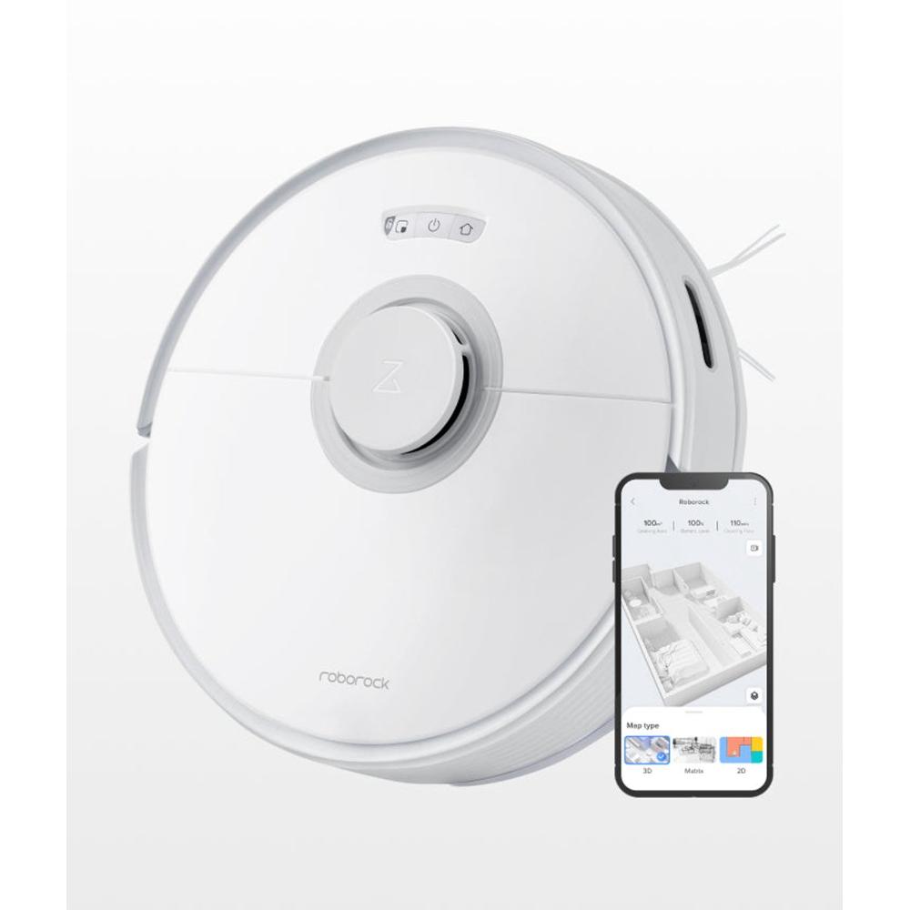 Een witte robotstofzuiger van Roborock staat naast een smartphone waarop een overzicht van de schoonmaakstatus te zien is. De afbeelding toont zowel het apparaat als de bijbehorende app, wat aangeeft dat de robot eenvoudig kan worden bediend via mobiel.