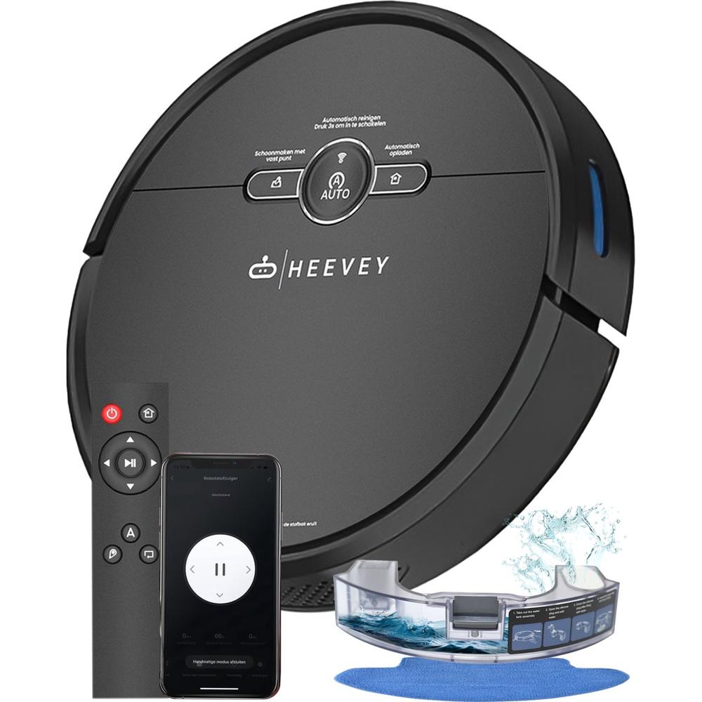 Zwarte robotstofzuiger van het merk Heevey met een afstandsbediening en smartphone-app voor controle. De afbeelding toont ook een schoonmaakaccessoire voor het dweilen van harde vloeren, met water zichtbaar in de tank.