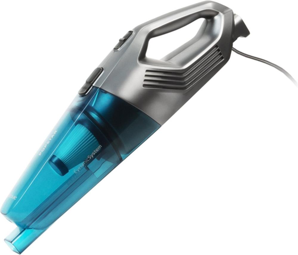 Draadloze handstofzuiger met een blauwe en grijze afwerking, ontworpen voor efficiënt schoonmaken van kleine oppervlakken. De stofzuiger heeft een ergonomische handgreep en een transparante stofcontainer voor eenvoudig legen.