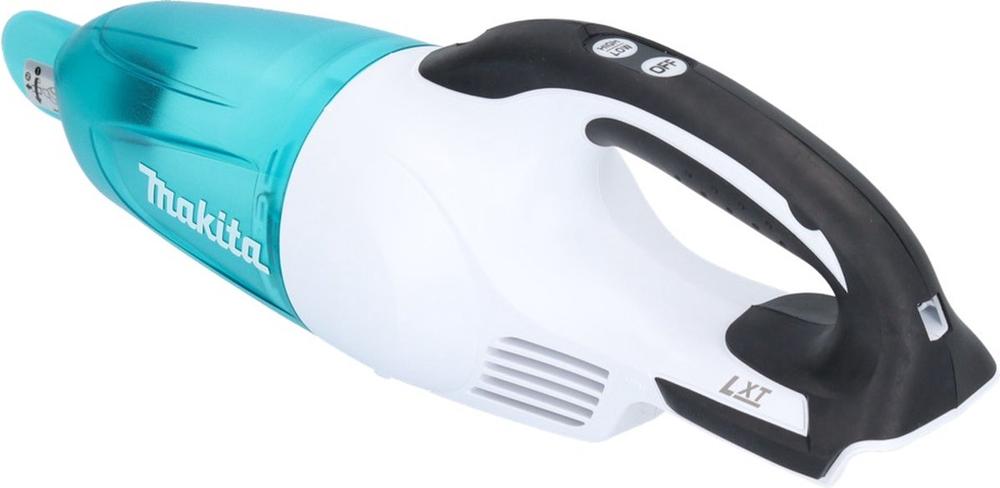 Draadloze handstofzuiger van het merk Makita met een turquoise en witte behuizing. De stofzuiger heeft een ergonomisch ontwerp en functionele knoppen voor aan en uit.