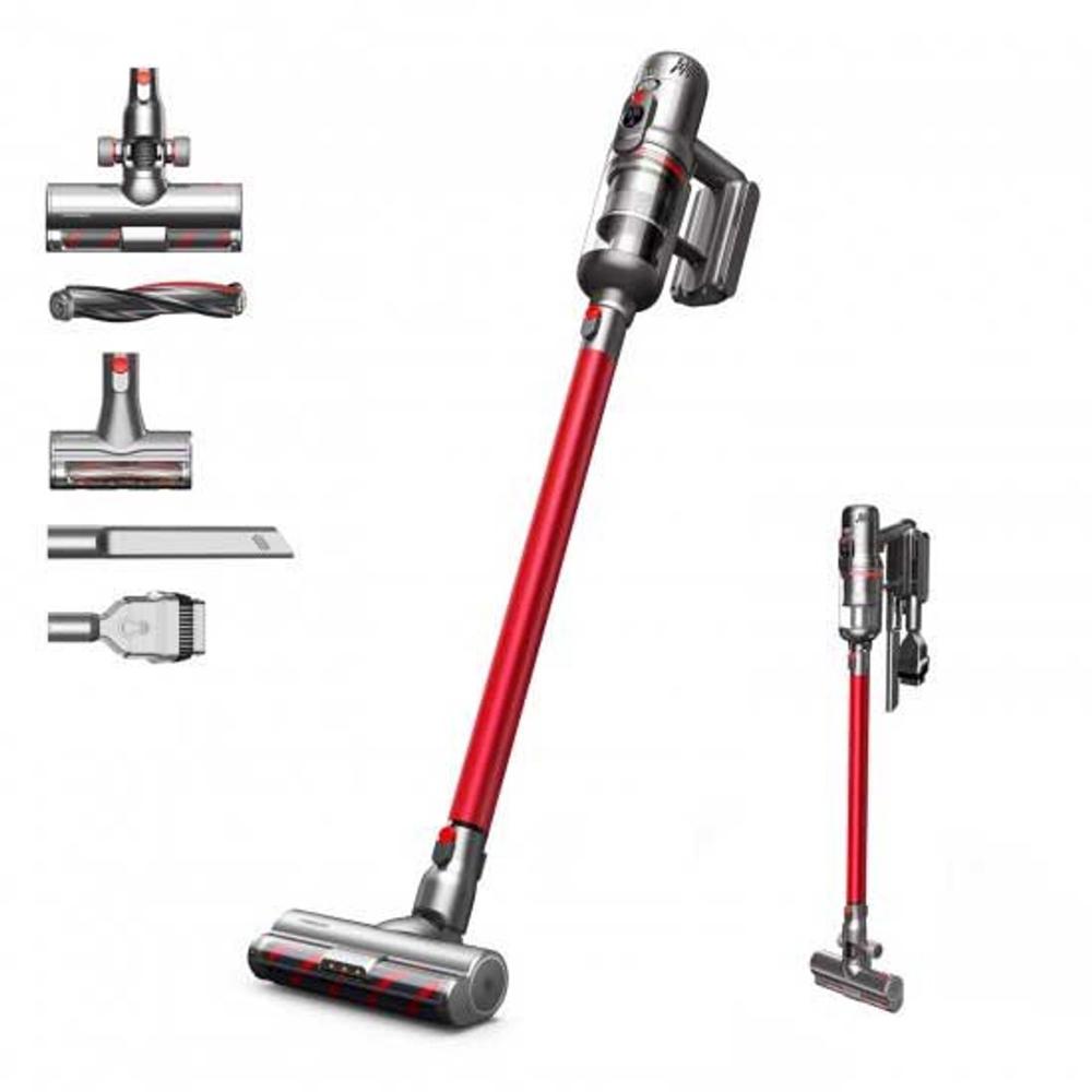 Draadloze steelstofzuiger in een moderne, slanke design met een opvallende rode steel. De afbeelding toont ook verschillende opzetstukken en de wandhouder voor eenvoudige opslag.