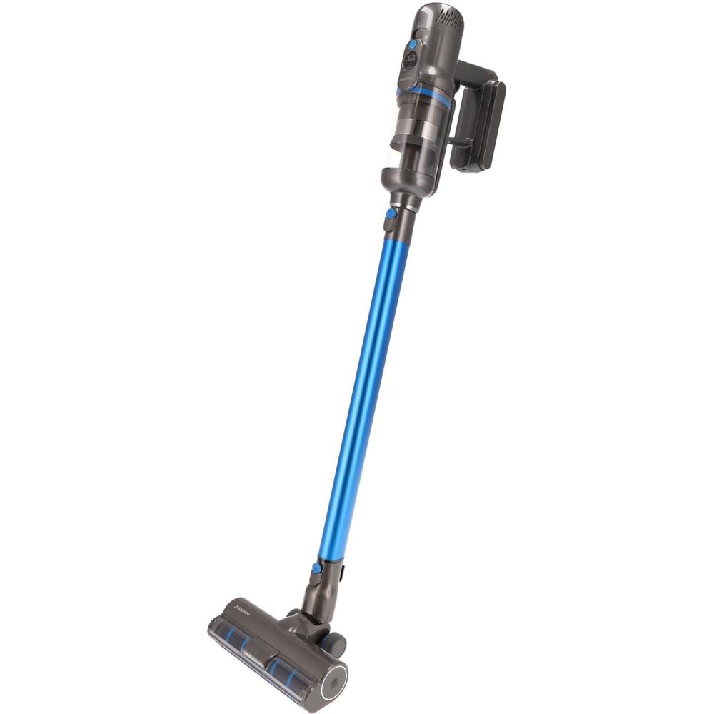 Handstofzuiger met een slank ontwerp, in combinatie van grijs en blauw, geschikt voor het snel en efficiënt schoonmaken van verschillende oppervlakken. De opzetborstel aan de onderkant is ontworpen voor optimale zuigkracht op vloeren en tapijten.