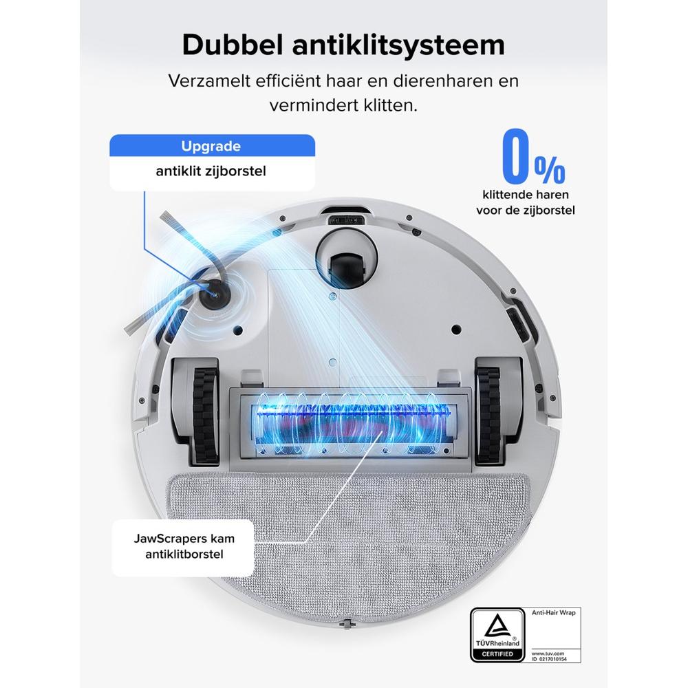 Afbeelding van de onderkant van een robotstofzuiger met een dubbel antiklitsysteem. De afbeelding toont de onderdelen zoals de antiklit zijborstel en JawScrapers, met tekst die hun functionaliteit uitlegt voor het efficiënt verzamelen van haar en het verminderen van klitten.