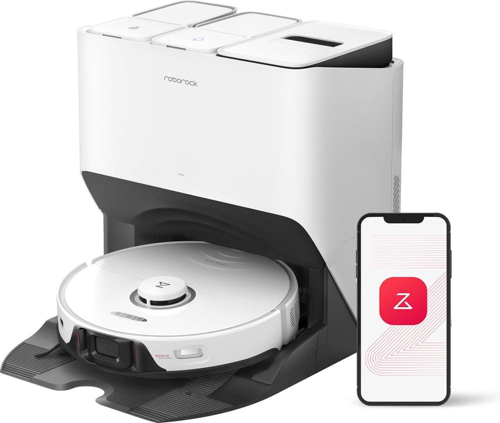 Een Roborock robotstofzuiger met een witte bovenkant en een smartphone die de bijbehorende app toont. De robotstofzuiger staat op een dockingstation en levert geavanceerde schoonmaakfunctionaliteiten.
