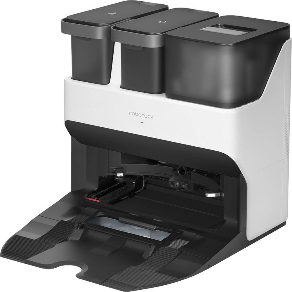 Afbeelding van een Roborock stofzuiger met een ontwerp dat drie bovenste afvalcontainers en een open compartiment toont voor het legen van stof en vuil. De stofzuiger is voornamelijk wit met zwarte elementen, en de onderkant heeft een lade voor het onderhoud van de robot.