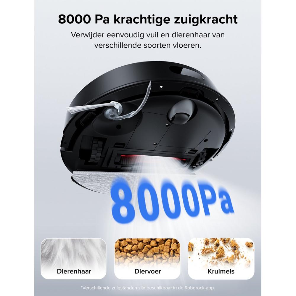 Afbeelding van een robotstofzuiger met een krachtige zuigkracht van 8000 Pa. De tekst benadrukt het vermogen om gemakkelijk vuil en dierenhaar van verschillende vloertypes te verwijderen.
