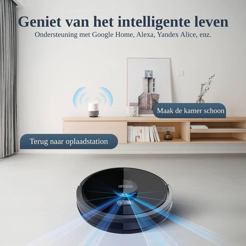 Een robotstofzuiger staat op een lichte vloer in een moderne woonkamer, met een slimme speaker op een kast erachter. Teksten in de afbeelding benadrukken het gebruiksgemak en de integratie met spraakassistenten zoals Google Home en Alexa.