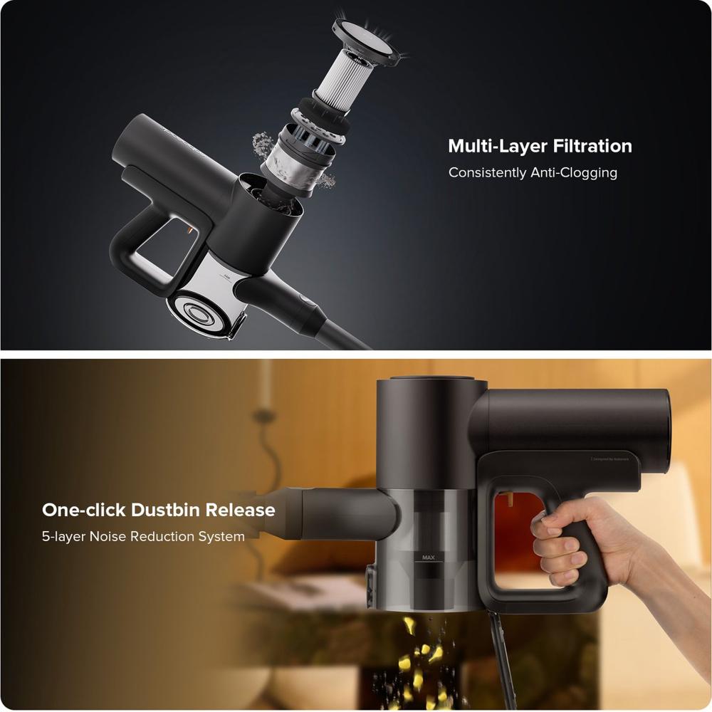 Afbeelding van een stofzuiger die zijn meerlaagse filtratiesysteem toont, gericht op anti-verstoppen technologie. Onderdeel van de afbeelding toont de stofcontainer met een handige one-click stofvrijgave functie en een vijflaagse geluidsreductiesysteem.