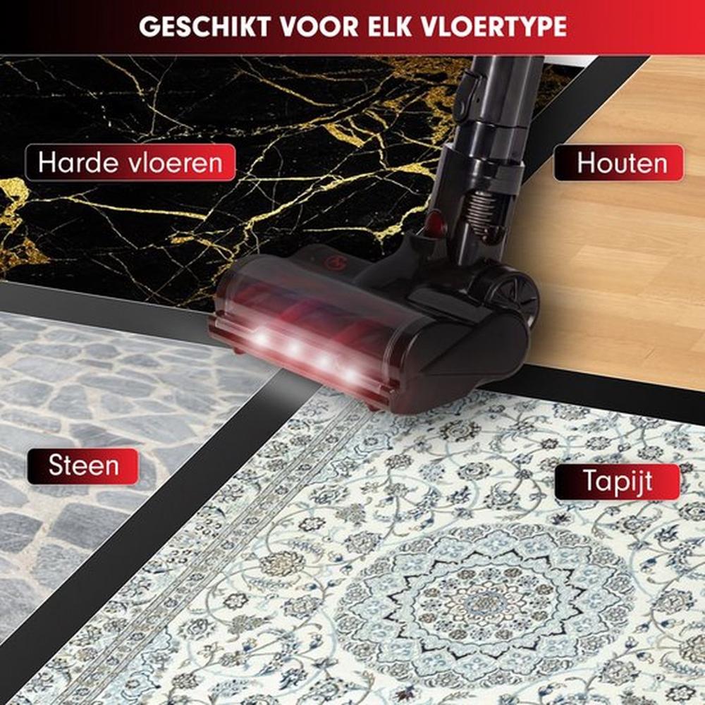 Afbeelding van een stofzuigerkop die geschikt is voor verschillende vloertypes, zoals hardhout, steen en tapijt. De achtergrond toont diverse vloermaterialen met labels die elk type vloer aanduiden.