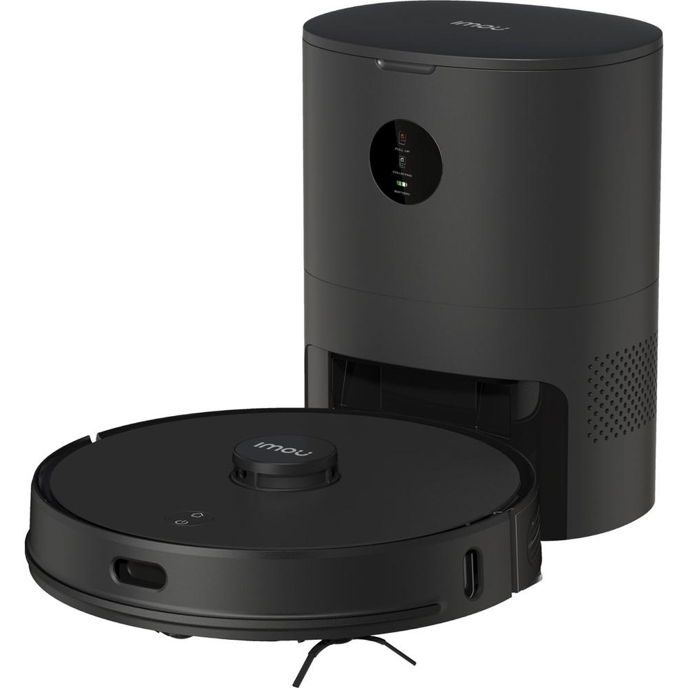 Een zwarte robotstofzuiger met een oplaadstation, beide met een minimalistisch ontwerp. De robotstofzuiger is voorzien van een centraal bedieningspaneel met knoppen en een logo.