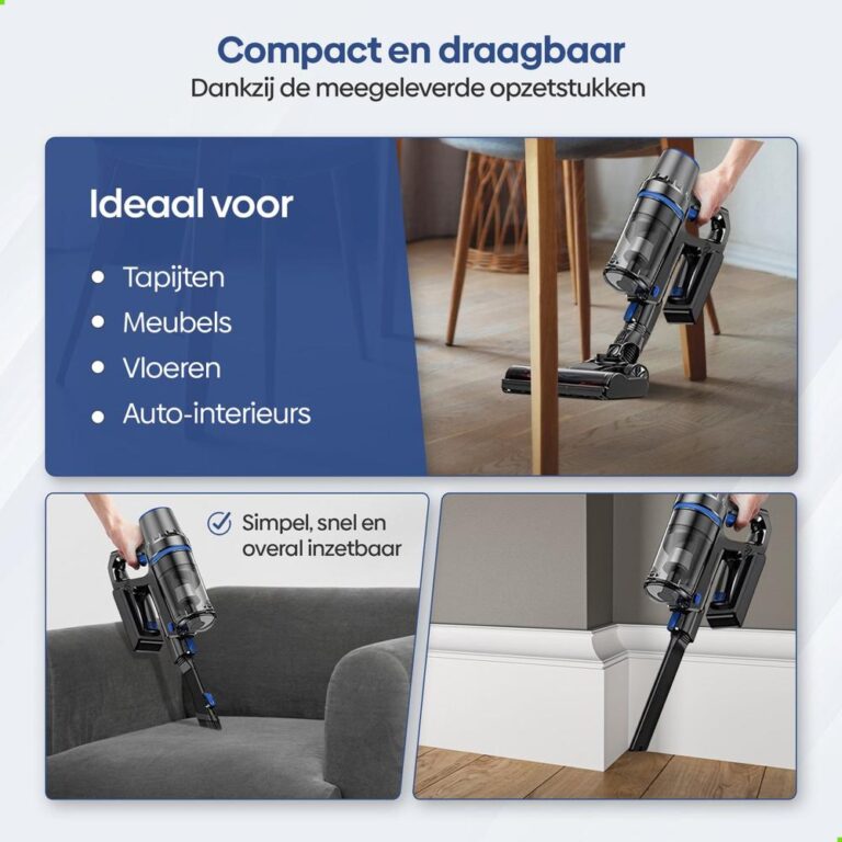 Afbeelding van een compacte, draagbare stofzuiger met verschillende opzetstukken, ideaal voor tapijten, meubels, vloeren en auto-interieurs. De illustatie toont het gemak van het gebruik van de stofzuiger in een woonomgeving en benadrukt zijn veelzijdigheid en toegankelijkheid.