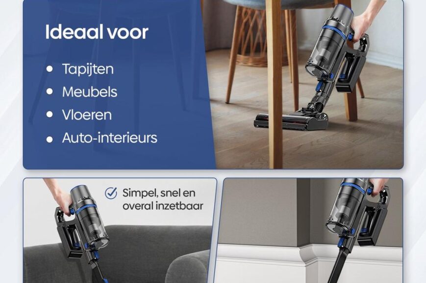 Afbeelding van een compacte, draagbare stofzuiger met verschillende opzetstukken, ideaal voor tapijten, meubels, vloeren en auto-interieurs. De illustatie toont het gemak van het gebruik van de stofzuiger in een woonomgeving en benadrukt zijn veelzijdigheid en toegankelijkheid.