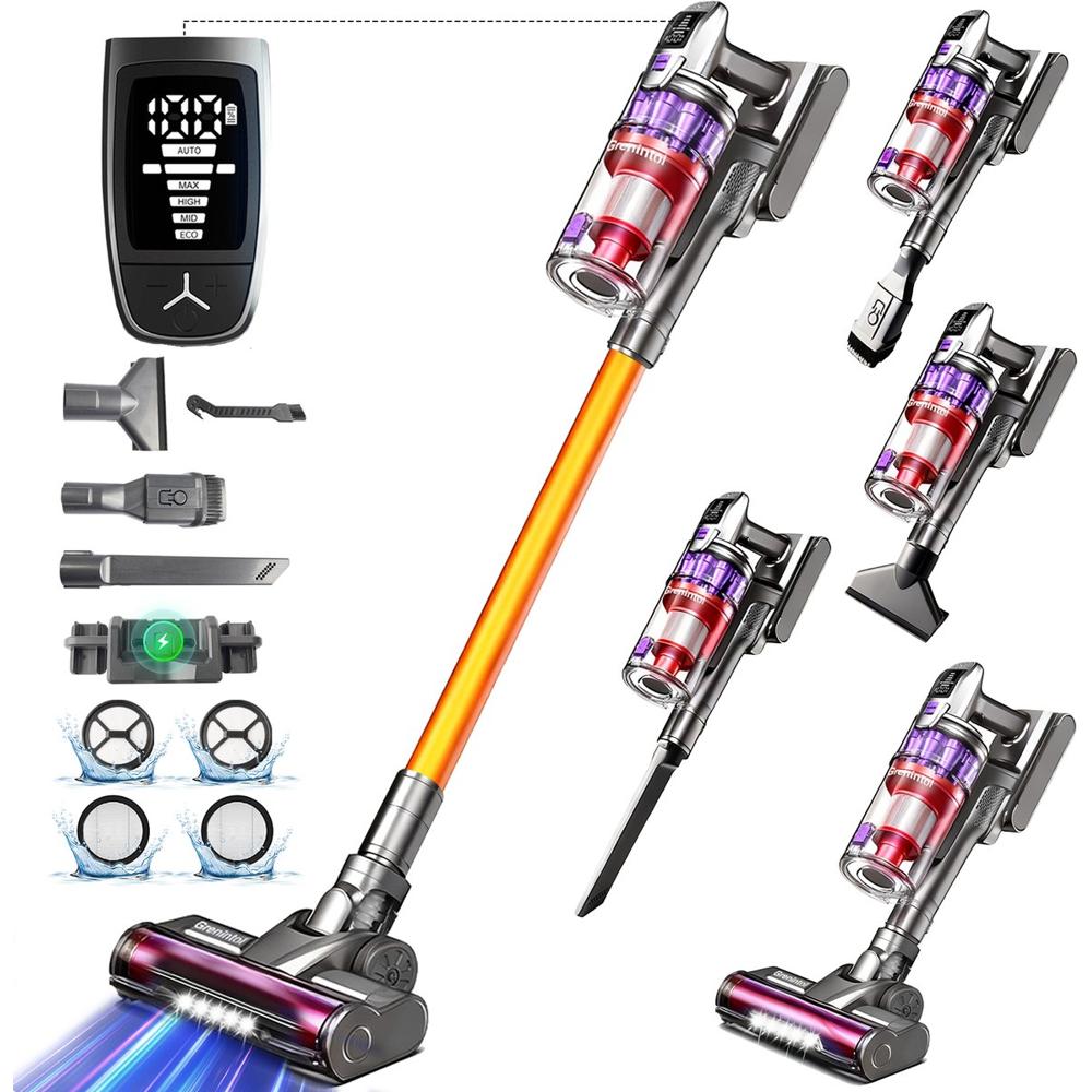 Afbeelding van een draadloze stofzuiger met verschillende opzetstukken en een digitaal display. De stofzuiger is in een verticale positie afgebeeld en is uitgerust met accessoires voor diverse reinigingsbehoeften.