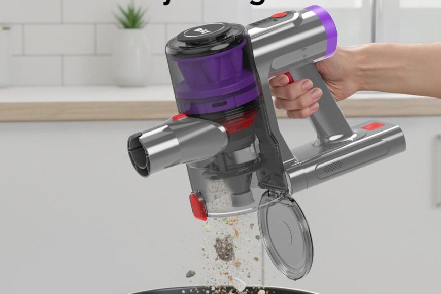 Handheld stofzuiger met een 1,3 L reservoir, in gebruik om vuil in een prullenbak te laten vallen. De gebruiker heeft de stofzuiger in één hand en wijst de mond naar de open prullenbak.