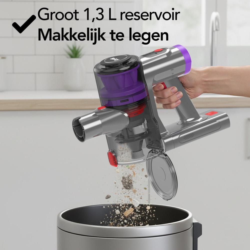 Handheld stofzuiger met een 1,3 L reservoir, in gebruik om vuil in een prullenbak te laten vallen. De gebruiker heeft de stofzuiger in één hand en wijst de mond naar de open prullenbak.