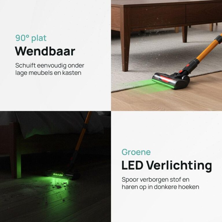 Afbeelding van een innovatieve stofzuiger met een flexibele, platte kop die onder lage meubels kan manoeuvreren. De stofzuiger is uitgerust met groene LED-verlichting die verborgen stof en haren in donkere hoeken zichtbaar maakt.