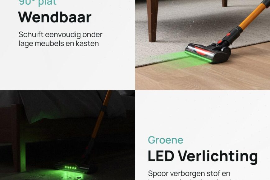 Afbeelding van een innovatieve stofzuiger met een flexibele, platte kop die onder lage meubels kan manoeuvreren. De stofzuiger is uitgerust met groene LED-verlichting die verborgen stof en haren in donkere hoeken zichtbaar maakt.