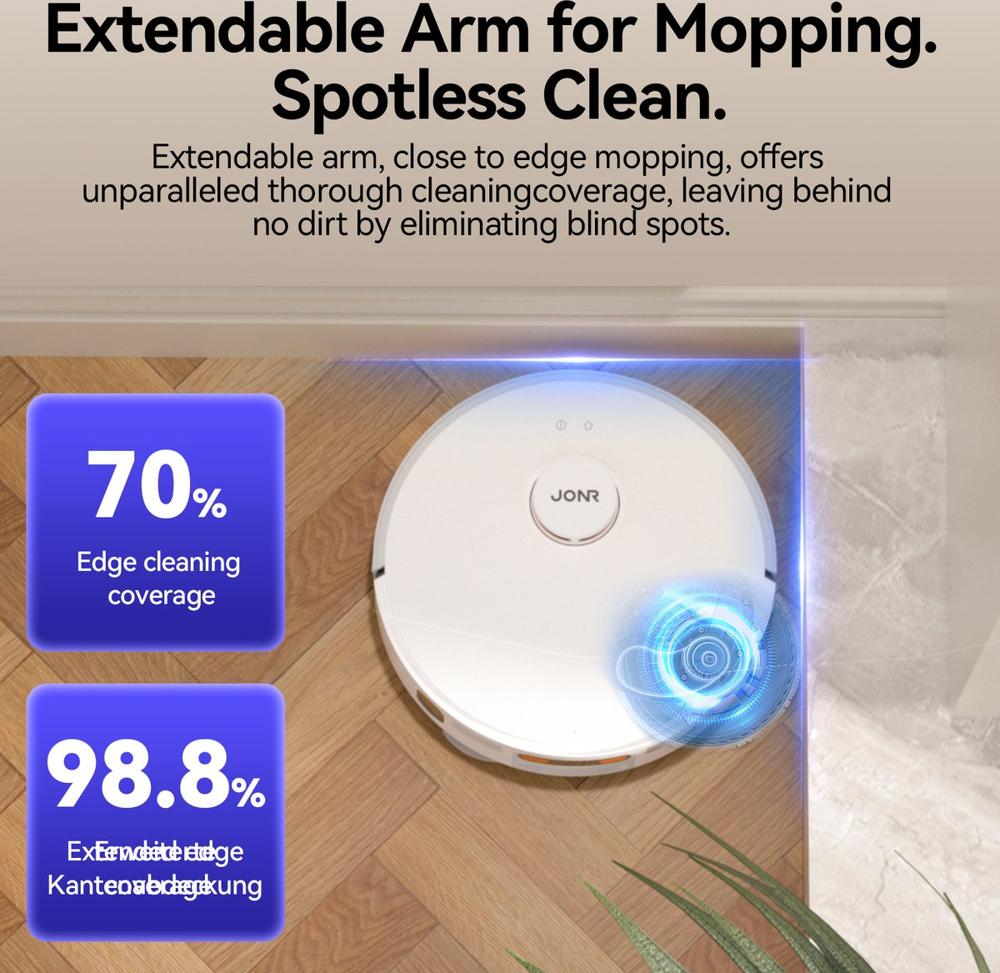 Een robotstofzuiger met een uitbreidbare arm staat in de hoek van een kamer, gericht op het schoonmaken van de vloer. Op de afbeelding zijn informatiekaarten zichtbaar, die een edge cleaning coverage van 70% en een uitgebreide edge coverage van 98,8% benadrukken.
