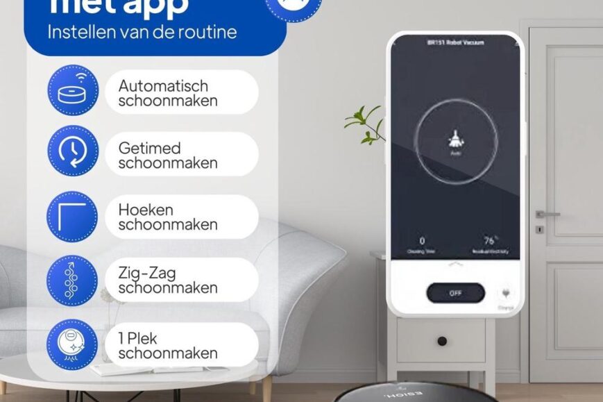 Een smartphone toont een app-interface voor het bedienen van een robotstofzuiger, met verschillende schoonmaakinstellingen zoals automatisch en hoeken schoonmaken. Op de achtergrond bevindt zich een moderne woonkamer met een bank en een vloerkleed, waarin de robotstofzuiger zichtbaar is.