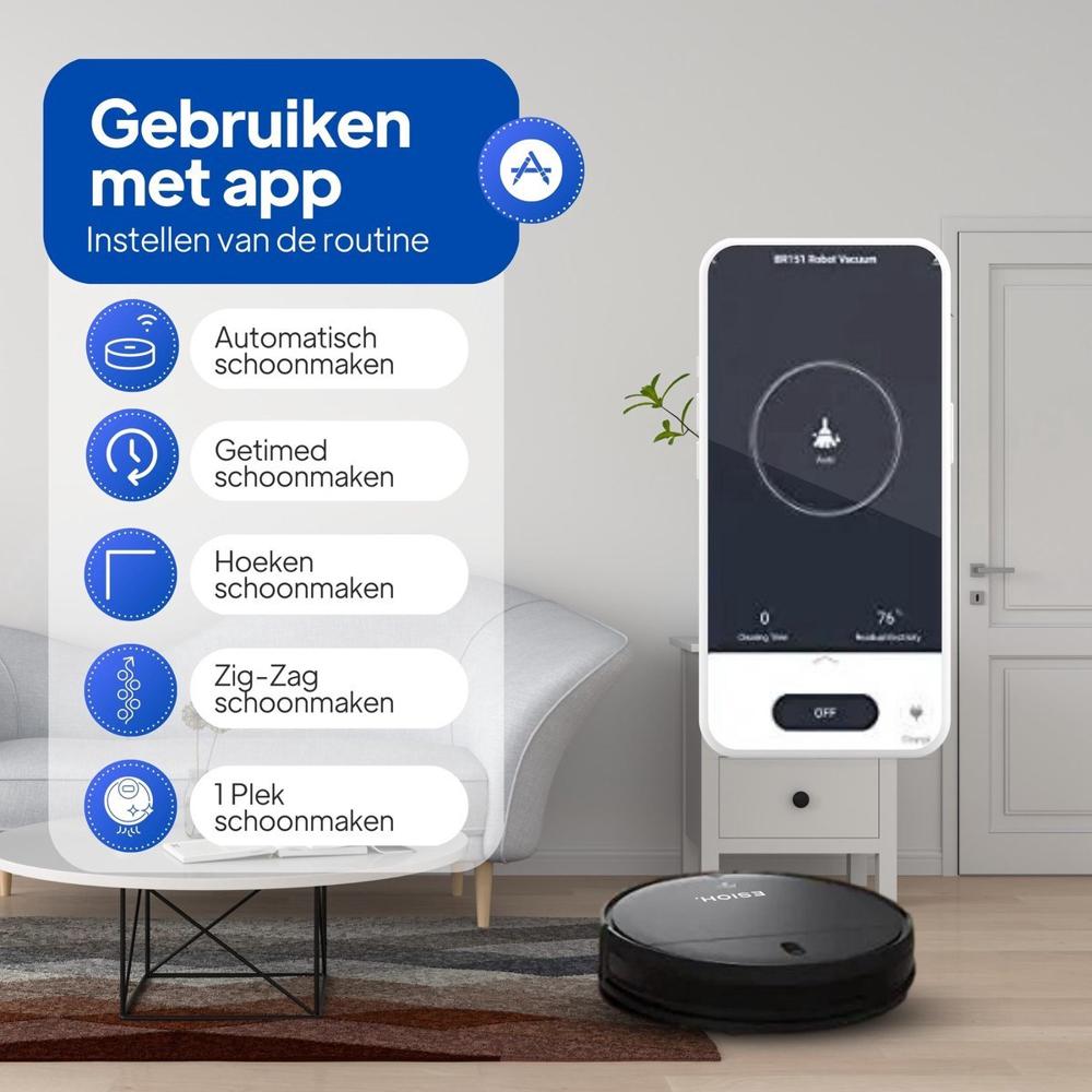 Een smartphone toont een app-interface voor het bedienen van een robotstofzuiger, met verschillende schoonmaakinstellingen zoals automatisch en hoeken schoonmaken. Op de achtergrond bevindt zich een moderne woonkamer met een bank en een vloerkleed, waarin de robotstofzuiger zichtbaar is.