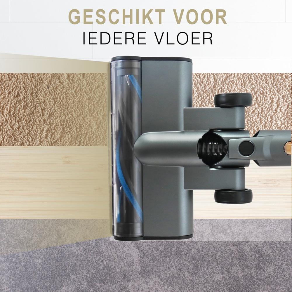Afbeelding van een stofzuigerkop die geschikt is voor verschillende vloertypes, weergegeven op een achtergrond van diverse vloerafwerkingen zoals tapijt, houten vloer en tegels. De tekst "Geschikt voor iedere vloer" benadrukt de veelzijdigheid van het product.