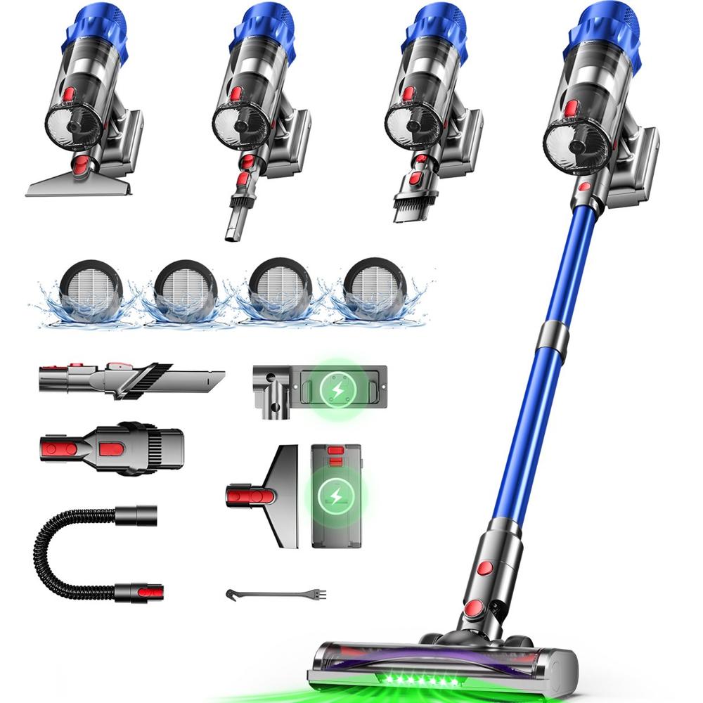 Een assortiment accessoires voor een draadloze stofzuiger, inclusief verschillende opzetstukken en filters. De stofzuiger is uitgerust met een groene indicator voor de batterijstatus en toont een modern ontwerp in blauw en zilver.