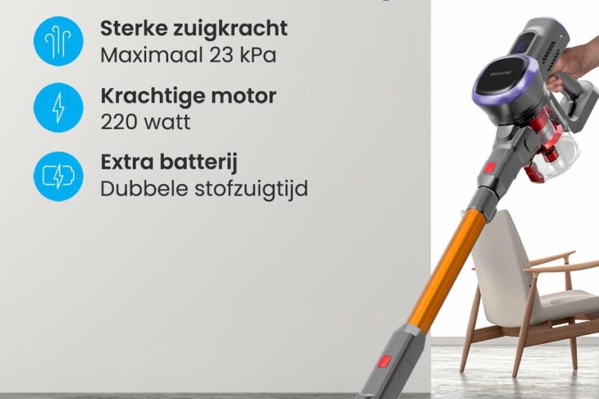 Afbeelding van een Auroninc steelstofzuiger die zowel als kruimeldief als steelstofzuiger functioneert. De stofzuiger heeft een krachtige motor van 220 watt en biedt een maximale zuigkracht van 23 kPa, met extra batterij voor langere stofzuigtijd.