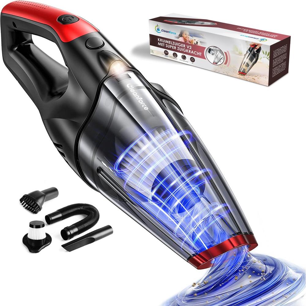 Draadloze handstofzuiger met transparante stofcontainer en krachtige zuigkracht, vergezeld van verschillende accessoires. De verpakking op de achtergrond toont de productnaam en kenmerken van de stofzuiger.