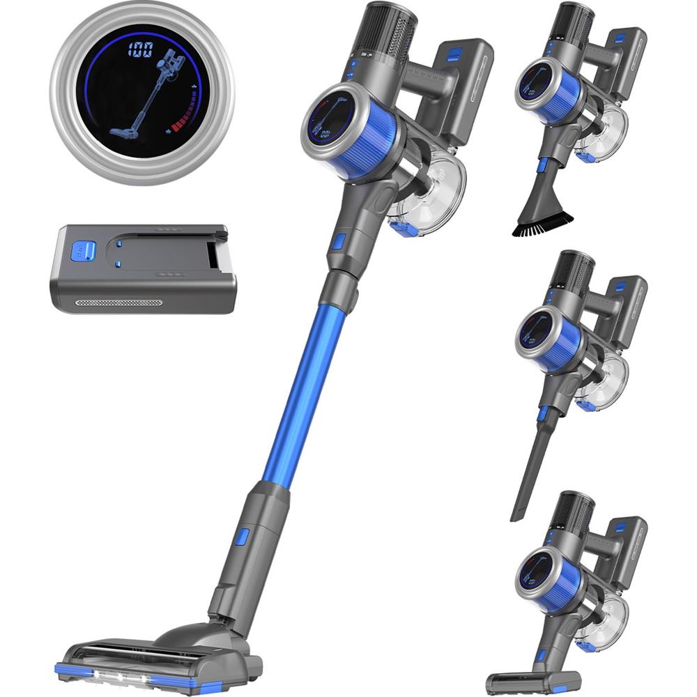 Een draadloze steelstofzuiger met een blauw en grijs ontwerp, vergezeld van verschillende accessoires zoals een borstel en een combinatie van mondstukken. Daarnaast is een digitale display zichtbaar die de batterijstatus en andere instellingen toont.