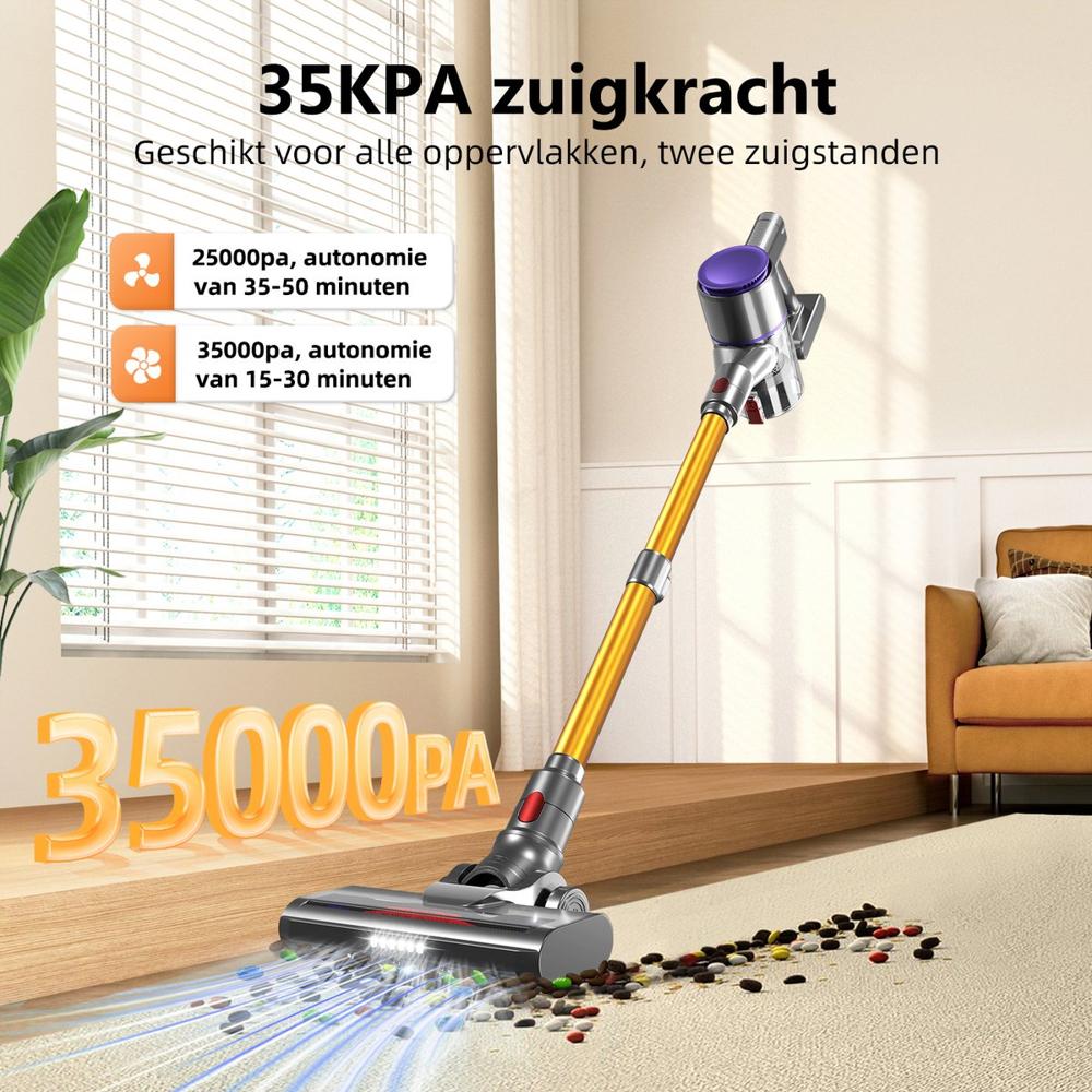 Afbeelding van een draadloze stofzuiger met een krachtige zuigkracht van 35KPA, geplaatst in een moderne woonkamer. De stofzuiger werkt op verschillende oppervlakken en wordt weergegeven met een visuele indicatie van de autonomie en zuigstanden.