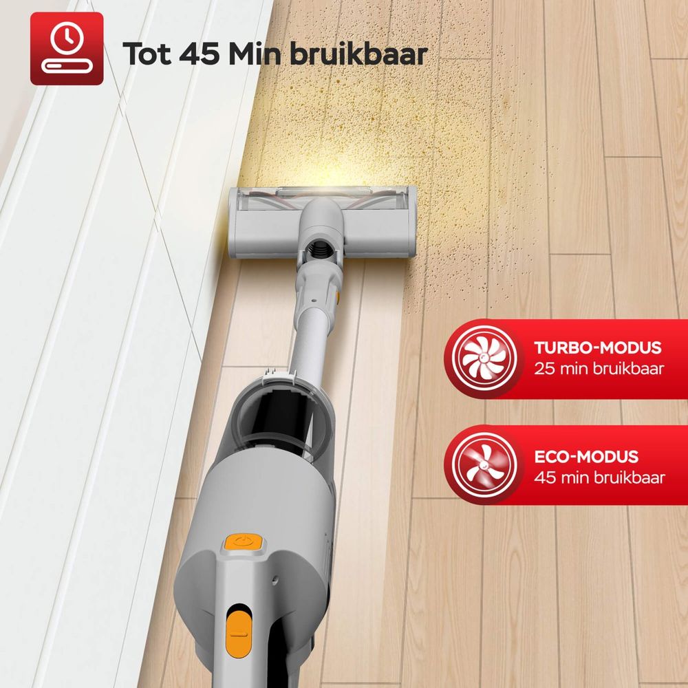 Draadloze stofzuiger in gebruik op een houten vloer, met zichtbaar stof en vuil. De afbeelding toont de opties voor Turbo-modus (25 minuten) en Eco-modus (45 minuten) in de rechterbenedenhoek.
